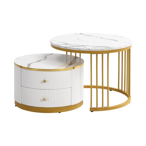 Tables Basses Gigognes 2 Pièces Avec 2 Tiroirs - Ensemble De Salon Design En Mdf Effet Marbre - Or