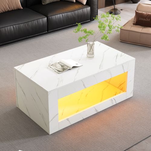 Table Basse LED Rectangulaire, Haut Brillant, Décor Effet Marbre, Espace De Rangement, Blanc