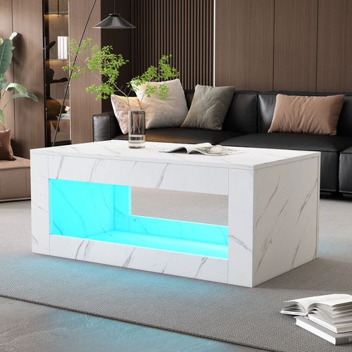 Table Basse LED Rectangulaire, Haut Brillant, Décor Effet Marbre, Espace De Rangement, Blanc