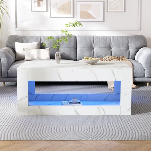 Table Basse LED Rectangulaire, Haut Brillant, Décor Effet Marbre, Espace De Rangement, Blanc