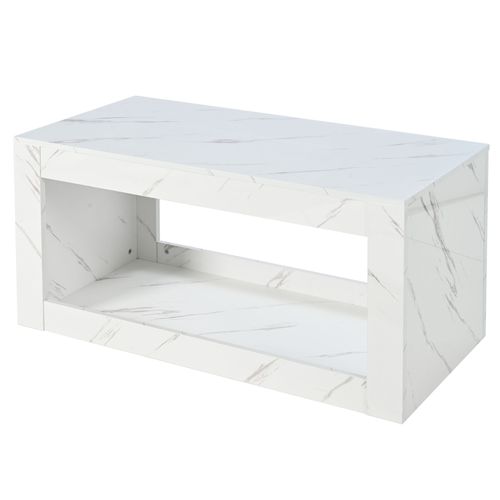 Table Basse LED Rectangulaire, Haut Brillant, Décor Effet Marbre, Espace De Rangement, Blanc