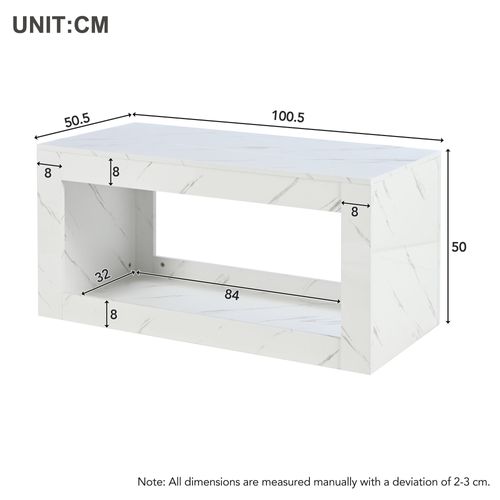 Table Basse LED Rectangulaire, Haut Brillant, Décor Effet Marbre, Espace De Rangement, Blanc