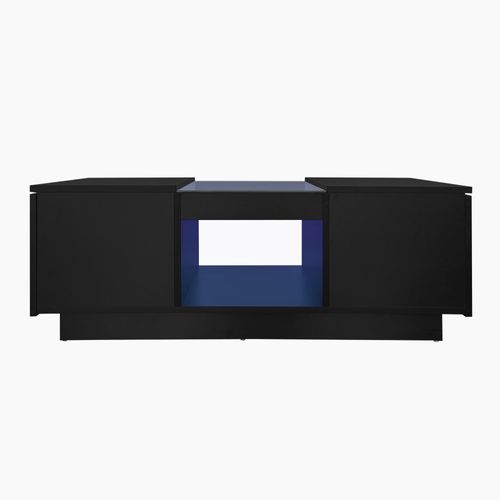 Table Basse Rectangulaire LED, Façade Verre, 2 Tiroirs, Niche Ouverte, Contrôle Via Appli, Noir