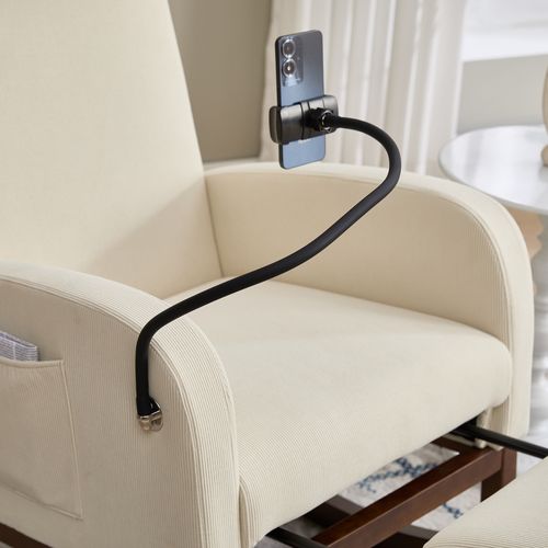 Fauteuil à Bascule Avec Dossier Haut Et Poches Latérales Coussin Velours Côtelé Bois Massif - Beige