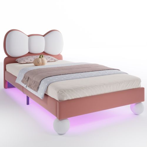 Lit Enfant 90x200 Cm - Lit Avec Tête De Lit En Ailes Et LED - Velours - Rose