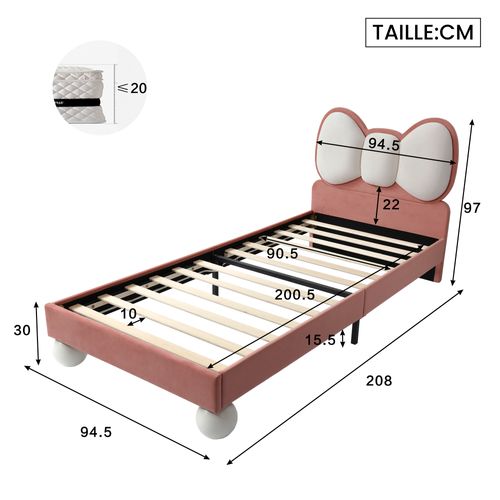 Lit Enfant 90x200 Cm - Lit Avec Tête De Lit En Ailes Et LED - Velours - Rose