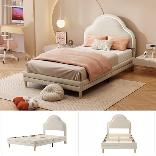 Lit Simple Enfant 90x200 Cm - Lit Avec Tête De Lit Nuage Et Bande LED - Velours + Bois - Beige