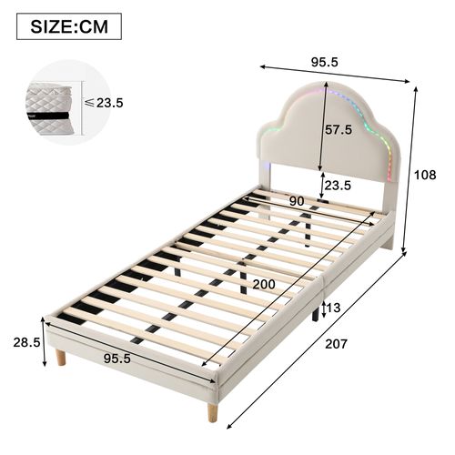 Lit Simple Enfant 90x200 Cm - Lit Avec Tête De Lit Nuage Et Bande LED - Velours + Bois - Beige
