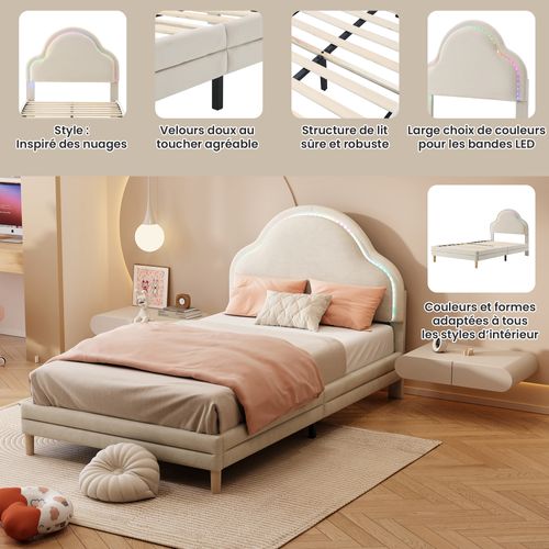 Lit Simple Enfant 90x200 Cm - Lit Avec Tête De Lit Nuage Et Bande LED - Velours + Bois - Beige