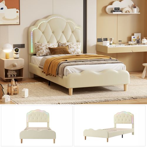 Lit Simple Enfant 90x200 Cm - Tête De Lit Vague Avec LED - Simili Cuir + Bois - Blanc