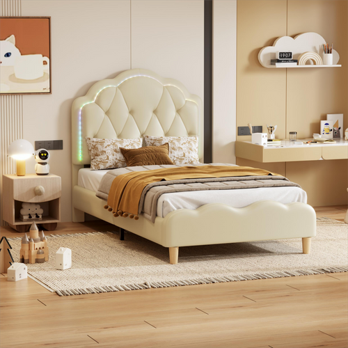 Lit Simple Enfant 90x200 Cm - Tête De Lit Vague Avec LED - Simili Cuir + Bois - Blanc