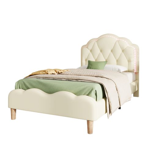 Lit Simple Enfant 90x200 Cm - Tête De Lit Vague Avec LED - Simili Cuir + Bois - Blanc