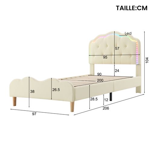 Lit Simple Enfant 90x200 Cm - Tête De Lit Vague Avec LED - Simili Cuir + Bois - Blanc