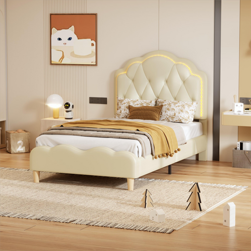 Lit Simple Enfant 90x200 Cm - Tête De Lit Vague Avec LED - Simili Cuir + Bois - Blanc