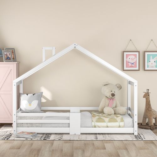Lit Enfant 90 X 200 Cm - Lit Cabane Avec Cheminée Antichute - Bois De Pin - Blanc