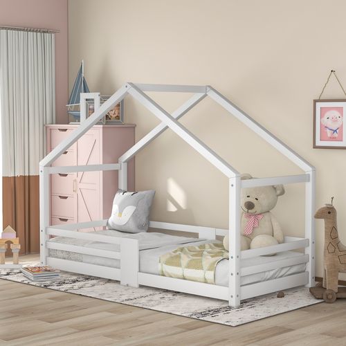 Lit Enfant 90 X 200 Cm - Lit Cabane Avec Cheminée Antichute - Bois De Pin - Blanc