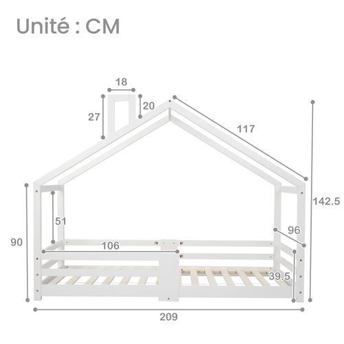 Lit Enfant 90 X 200 Cm - Lit Cabane Avec Cheminée Antichute - Bois De Pin - Blanc