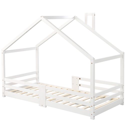 Lit Enfant 90 X 200 Cm - Lit Cabane Avec Cheminée Antichute - Bois De Pin - Blanc