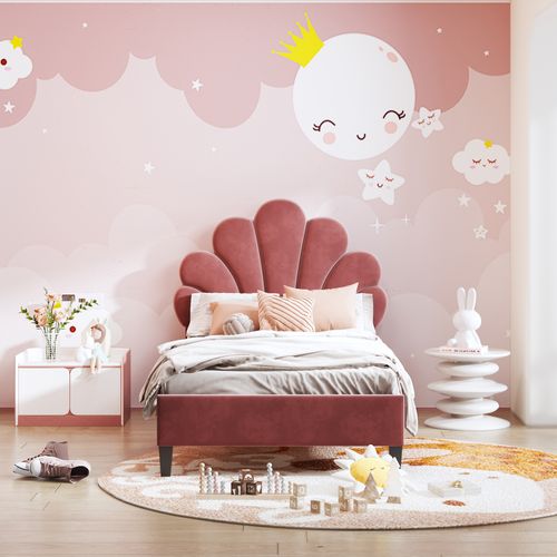 Lit Simple Enfant 90x200 Cm - Lit Avec Tête De Lit Fleur Et Sommier à Lattes - Velours + Mdf - Rouge