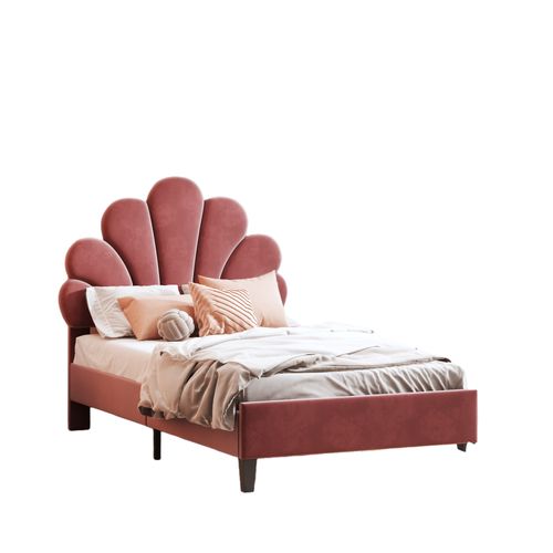 Lit Simple Enfant 90x200 Cm - Lit Avec Tête De Lit Fleur Et Sommier à Lattes - Velours + Mdf - Rouge