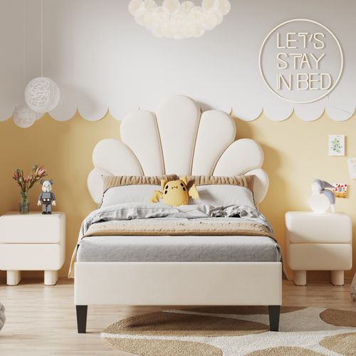 Lit Simple Enfant 90x200 Cm - Lit Avec Tête De Lit Fleur Et Sommier à Lattes - Mdf - Velours Beige