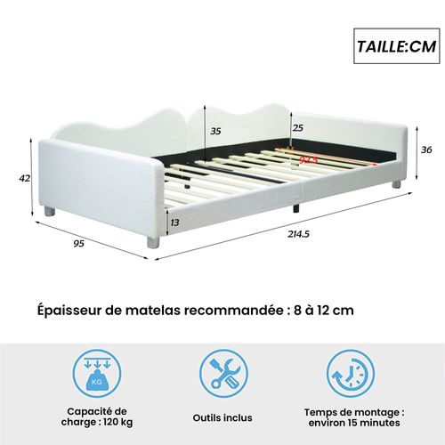 Lit Enfant 90x200 Cm - Lit Simple Rembourré Avec Cadre Canapé-lit - Mdf + Velours - Blanc