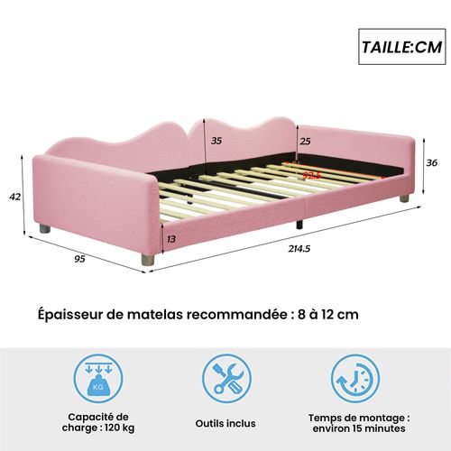 Lit Enfant 90x200 Cm - Lit Simple Rembourré Avec Cadre En Mdf Et Métal, Fonction Canapé-lit - Rose