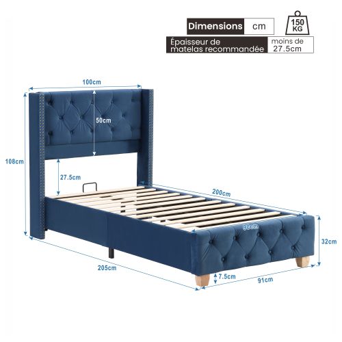Lit Coffre 90x200 Cm - Lit Simple Rembourré Avec Tête De Lit Et Sommier à Lattes - Velours - Bleu