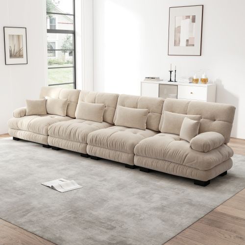 Canapé En Chenille Marron Clair, Canapé 4 Places Modulaire Avec Assise Profonde