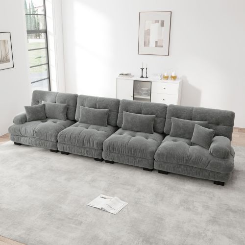 Canapé En Chenille Gris, Canapé 4 Places Modulaire Avec Assise Profonde