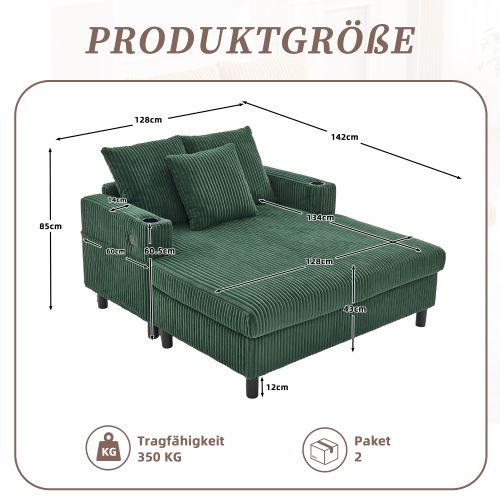 Méridienne Canapé Inclinable Vert Avec Porte-gobelets Latéraux, Ports USB Et Éclairage LED