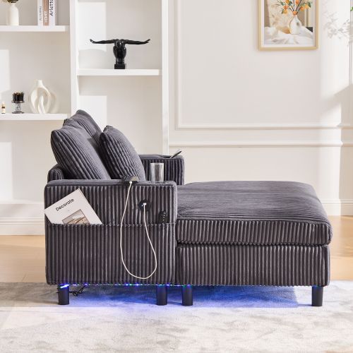 Méridienne, Canapé Gris Foncé Avec Porte-gobelets Latéraux, Ports USB Et Éclairage LED