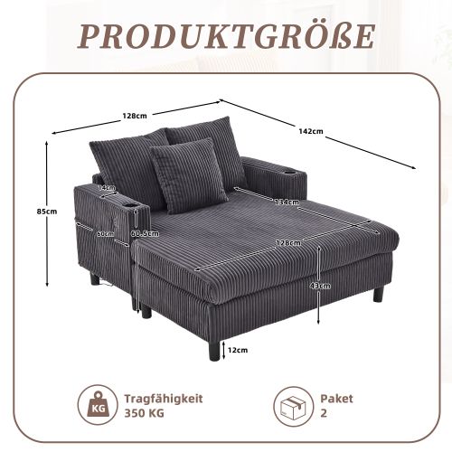 Méridienne, Canapé Gris Foncé Avec Porte-gobelets Latéraux, Ports USB Et Éclairage LED