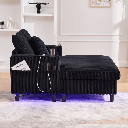 Méridienne Canapé Inclinable Noir Avec Porte-gobelets Latéraux, Ports USB Et Éclairage LED