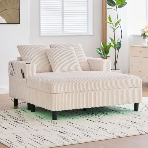 Méridienne Canapé Inclinable Beige Avec Porte-gobelets Latéraux, Ports USB Et Éclairage LED