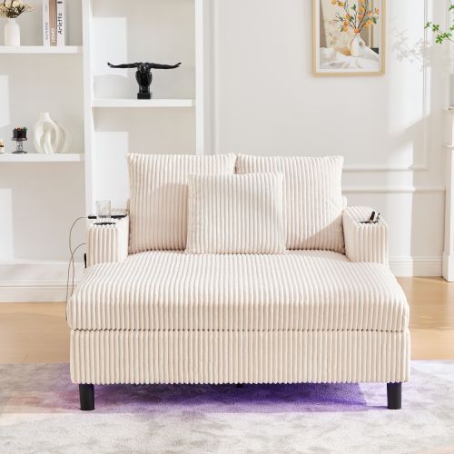 Méridienne Canapé Inclinable Beige Avec Porte-gobelets Latéraux, Ports USB Et Éclairage LED