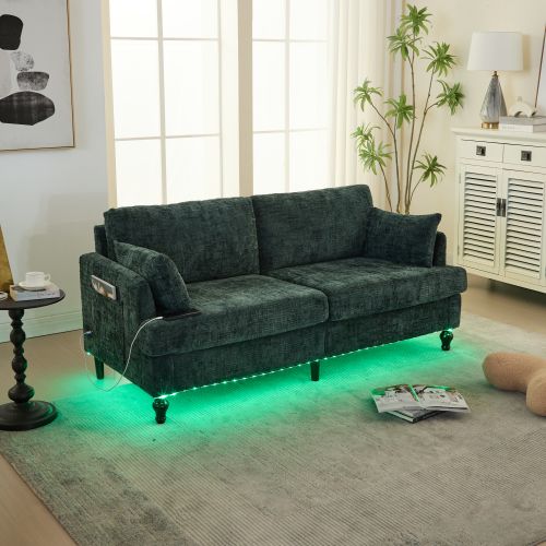 Canapé 2 Places, Canapé En Chenille Vert Avec Pieds En Bois, LED, Port De Chargement USB Et Sac