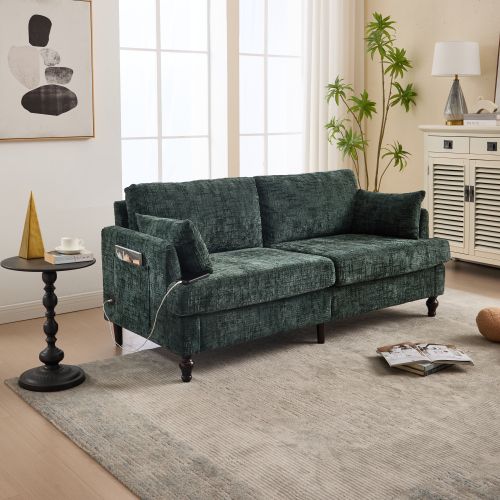 Canapé 2 Places, Canapé En Chenille Vert Avec Pieds En Bois, LED, Port De Chargement USB Et Sac