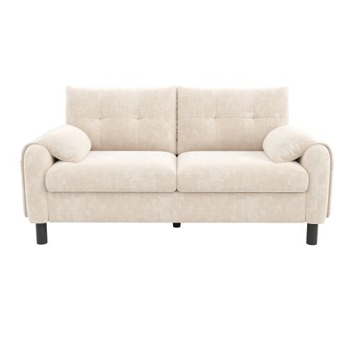 Canapé 2 Places, Canapé En Chenille Beige Avec Coussins Épais, Scandinave