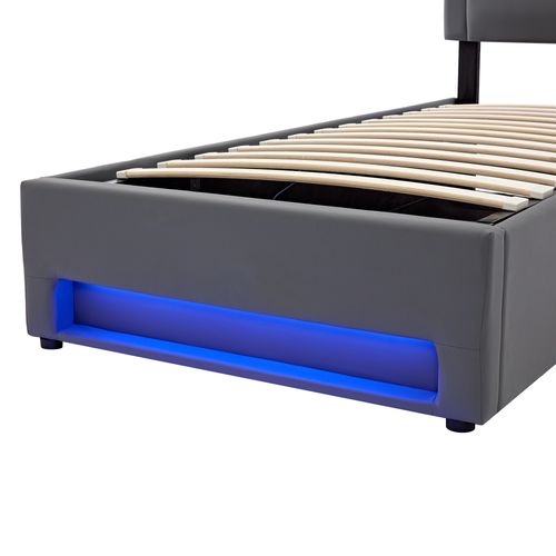 Lit Coffre 90×200cm, Lit Rangement, Port Chargement, LED, Tête De Lit, En Fer, Bois Et Pu, Gris