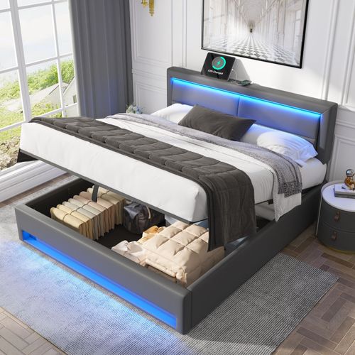 Lit Coffre 140×200cm, Lit Double, Tête De Lit, LED, Ports Charge, En Métal, Bois Et Pu, Gris