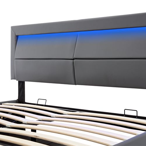 Lit Coffre 140×200cm, Lit Double, Tête De Lit, LED, Ports Charge, En Métal, Bois Et Pu, Gris