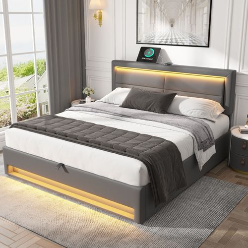 Lit Coffre 160×200cm, Lit Double, LED, Rangement Intégré, Ports Charge, En Métal, Bois Et Pu, Gris