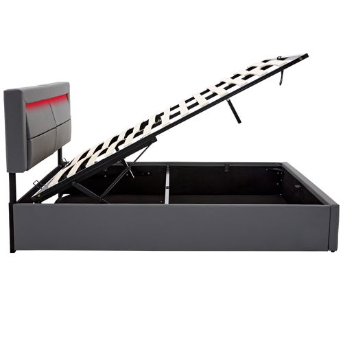 Lit Coffre 160×200cm, Lit Double, LED, Rangement Intégré, Ports Charge, En Métal, Bois Et Pu, Gris