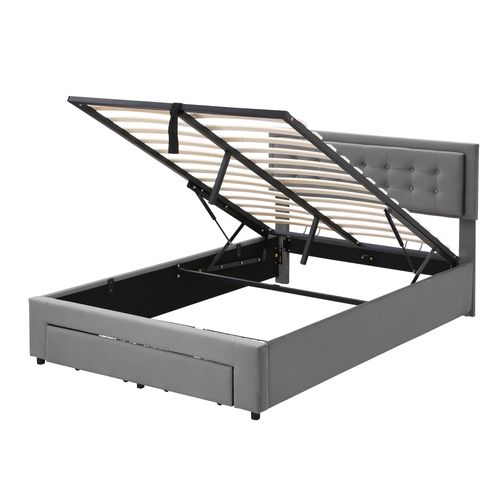 Lit Coffre 140 X 200 Cm, Lit Rangement Avec 2 Tiroirs Intégrés, Tête De Lit, En Velours, Gris