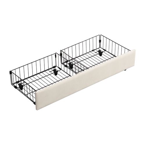 Lit Coffre 140 X 200cm, Lit Rangement, 2 Tiroirs Intégrés, Tête De Lit Haute, En Velours, Beige