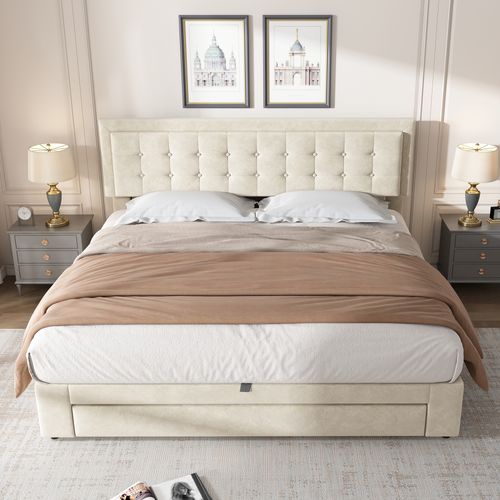 Lit Coffre 160x200cm, Lit Double, Tiroir Intégré Et Rangement, Tête De Lit, En Velours, Beige