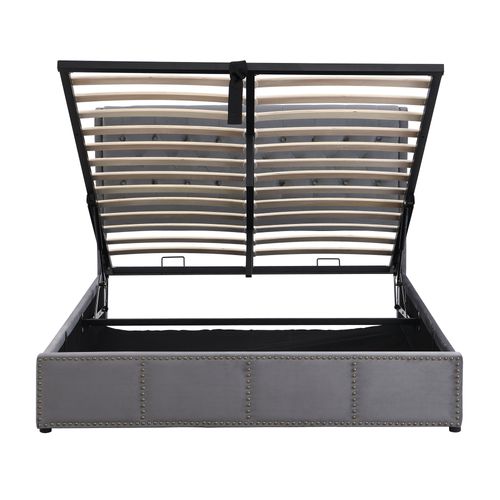 Lit Coffre 140x200cm, Lit Double, Tête De Lit, Rangement, Orné De Rivets, En Velours, Gris Foncé