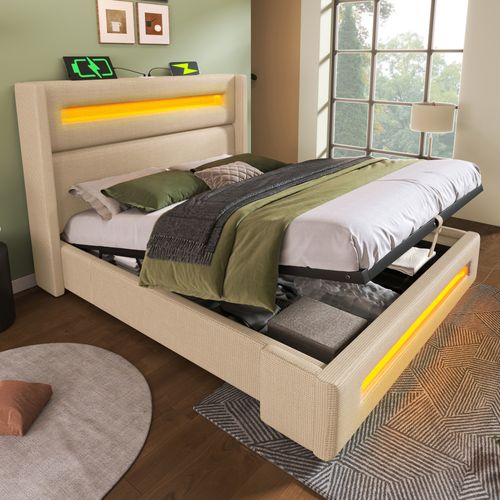 Lit 140x200cm, Lit 2 Places, Lit Coffre, Lit Adulte, Sommier, LED, USB, Lin, Beige