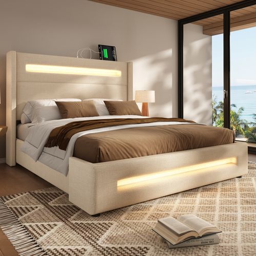 Lit 140x200cm, Lit 2 Places, Lit Coffre, Lit Adulte, Sommier, LED, USB, Lin, Beige